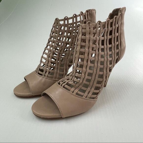 Vince Camuto Atina peep toe woven heeled booties back zip closure stacked heel - Picture 2 of 10